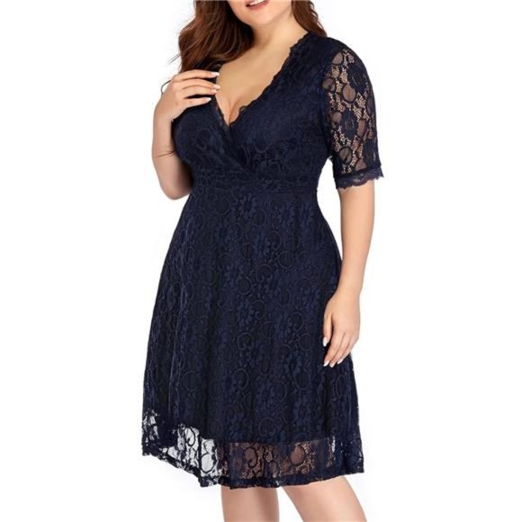 Women's Lace V-Neck Plus Size Cocktail Dress Knee Length Dress, Navy Blue - Picture 3 of 6